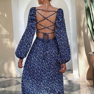 Womens Floral Lace Up Long Dress Backless A-Line High Waist